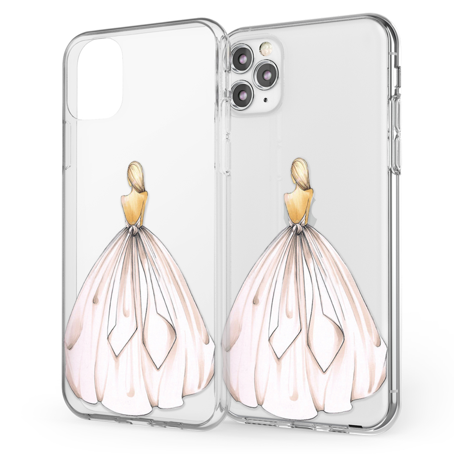 Zwei Telefone in transparenten Hüllen, illustriert mit einer Frau im Brautkleid von hinten.