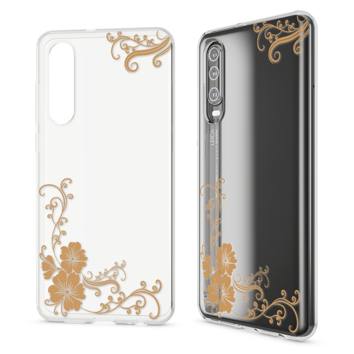 Handyhülle mit goldenen Blumen, weißer Hintergrund.