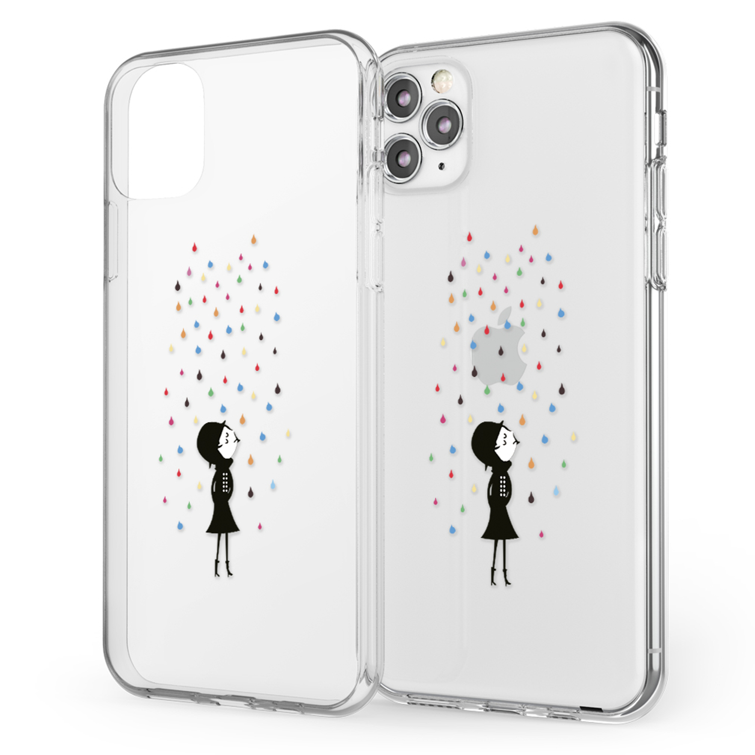 Zwei Telefone mit Hülle. Design mit Mädchen in schwarzem Kleid im Regen mit bunten Tropfen.