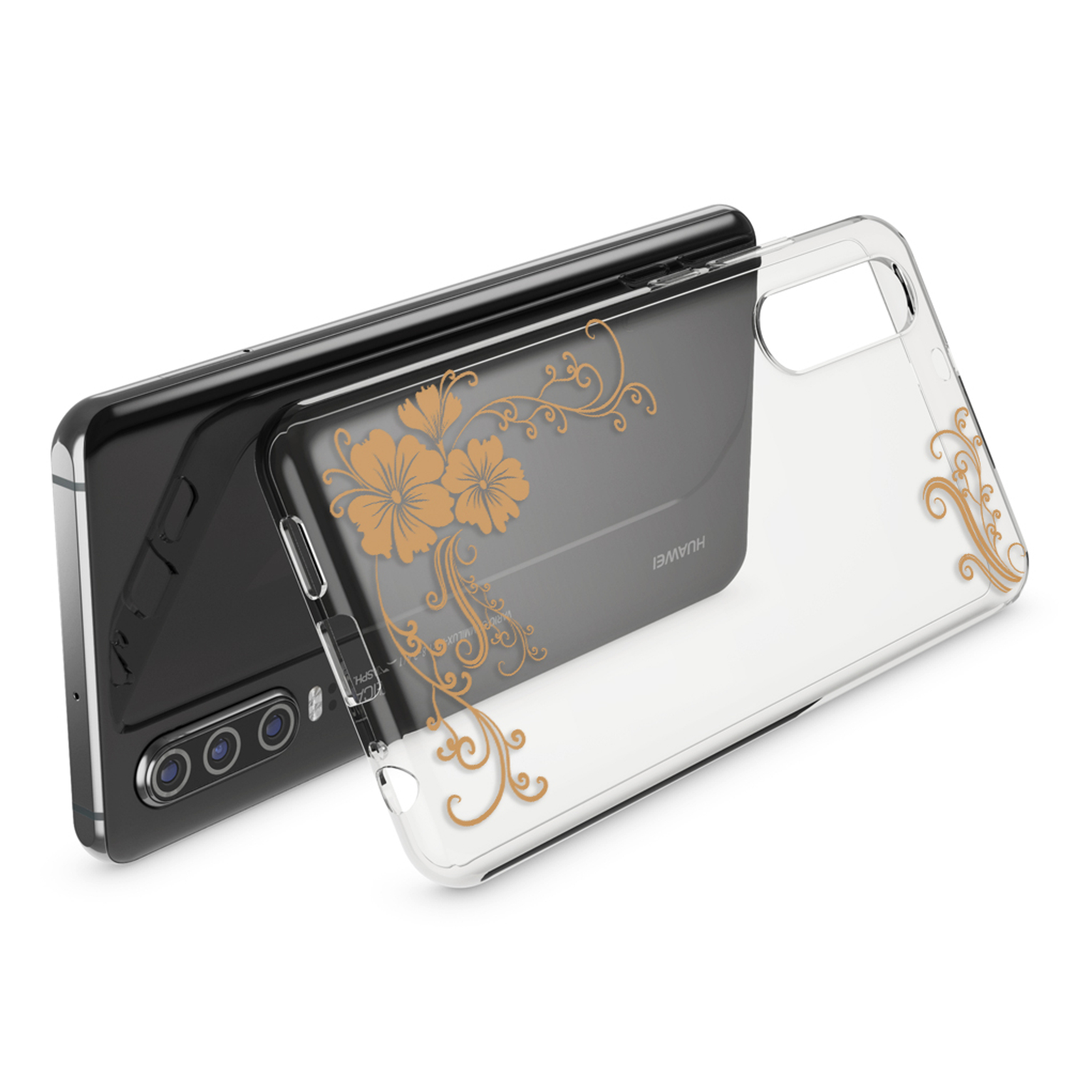Ein Telefon mit einer transparenten Hülle mit floralem Design. Die Hülle ist teilweise vom Telefon.