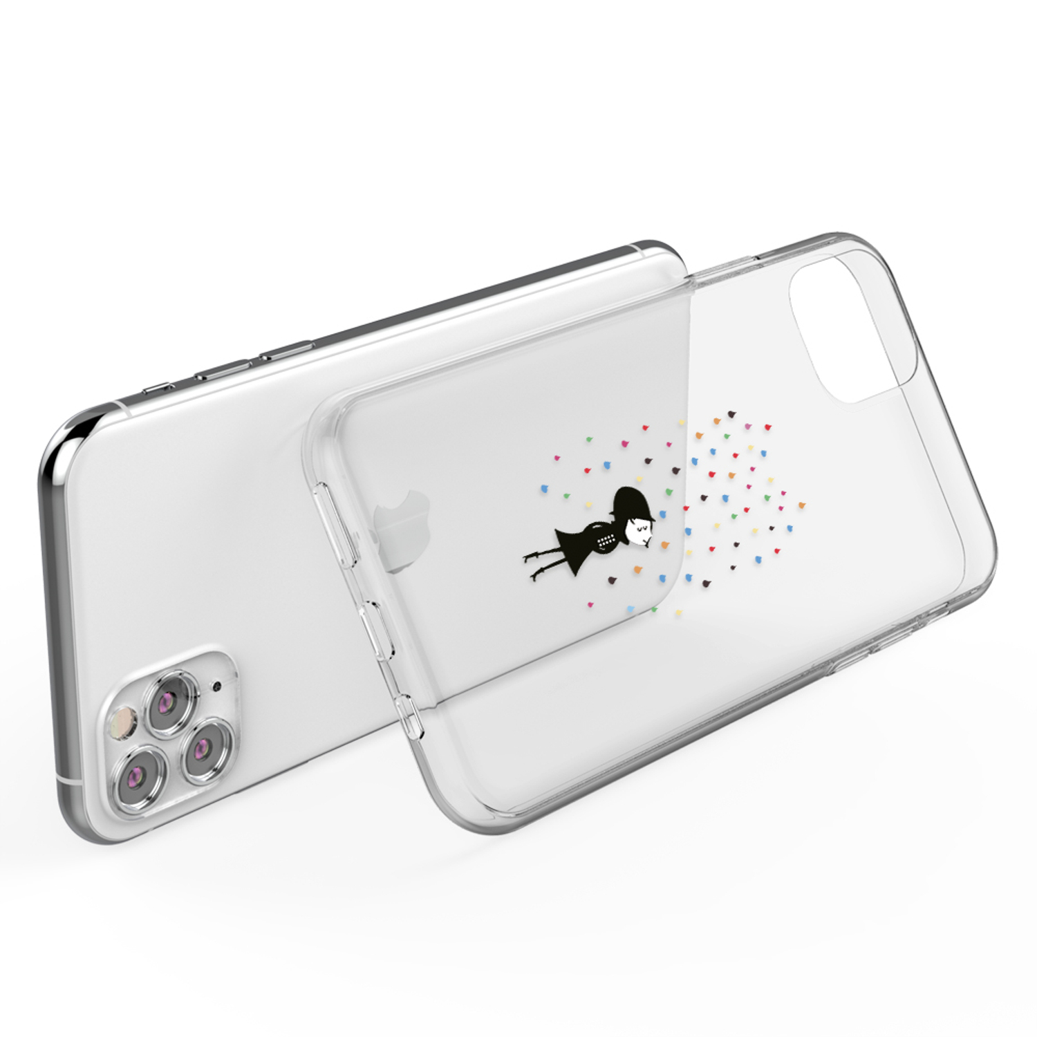 Transparente Handyhülle mit Cartoon-Design. Die Hülle ist um ein Telefon. Die Hülle hat ein Cartoon-Mädchen-Design.