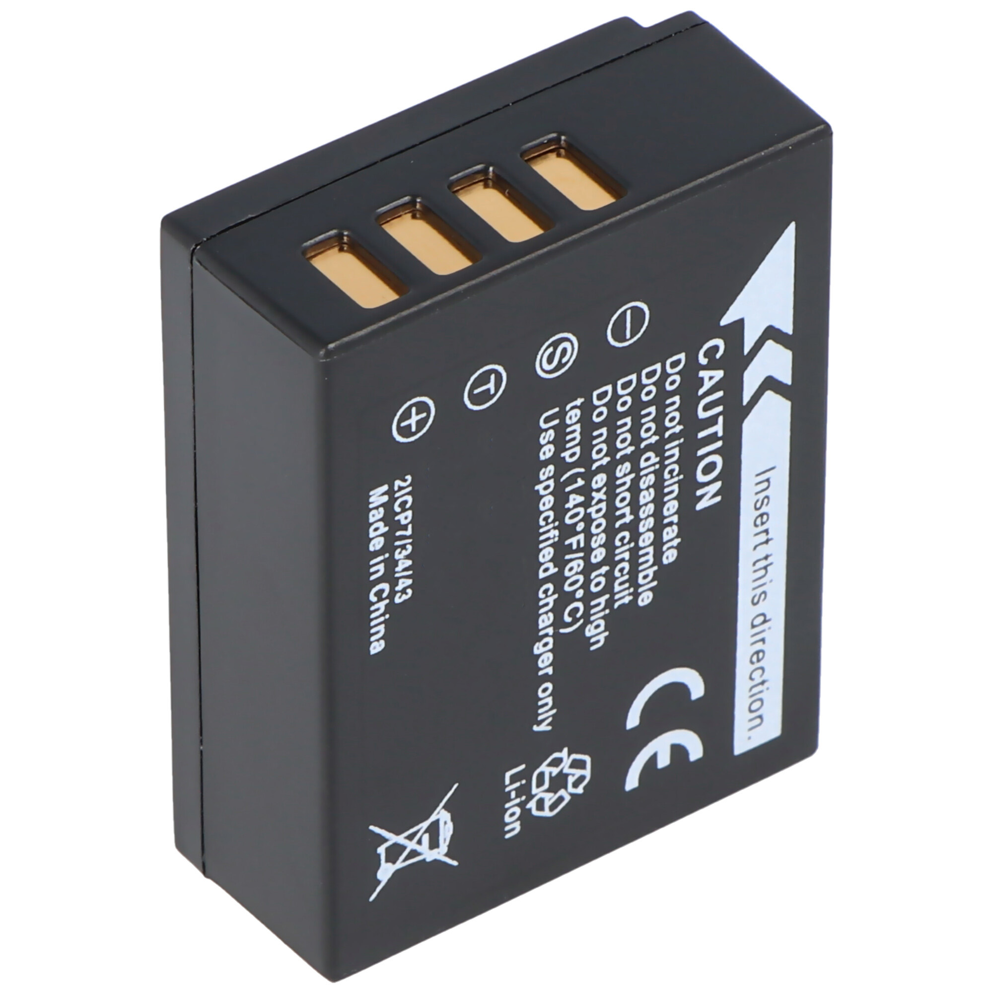 Schwarze Batterie mit Goldkontakten, beschriftet mit Sicherheitshinweisen und Anweisungen.