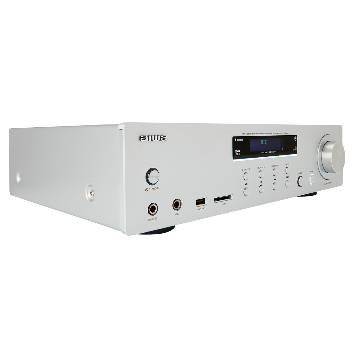 Silberner Audio-Receiver mit Knöpfen und Display auf weißem Hintergrund.