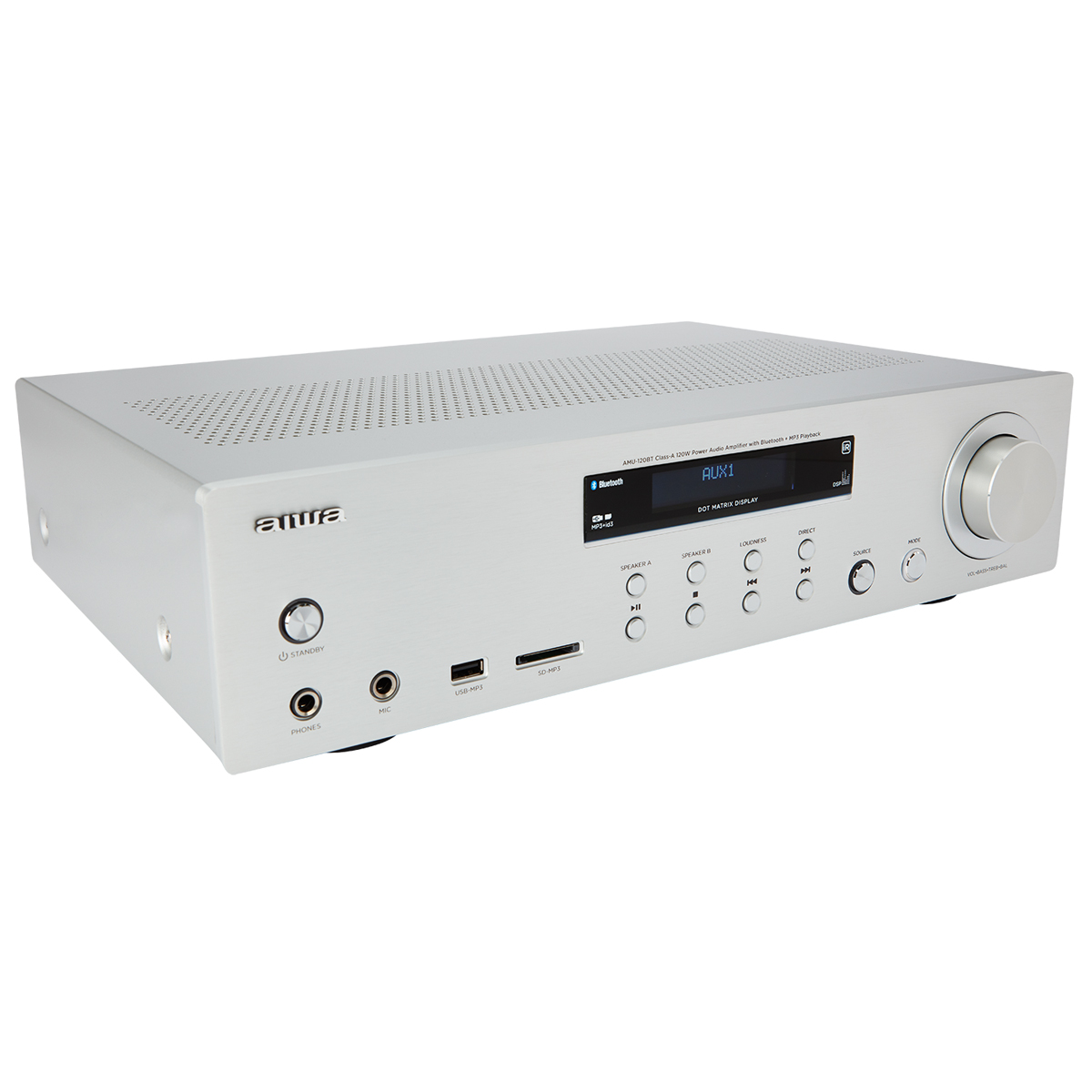Ein silberner Aiwa Audio-Receiver mit Display und verschiedenen Knöpfen, auf weißem Hintergrund.