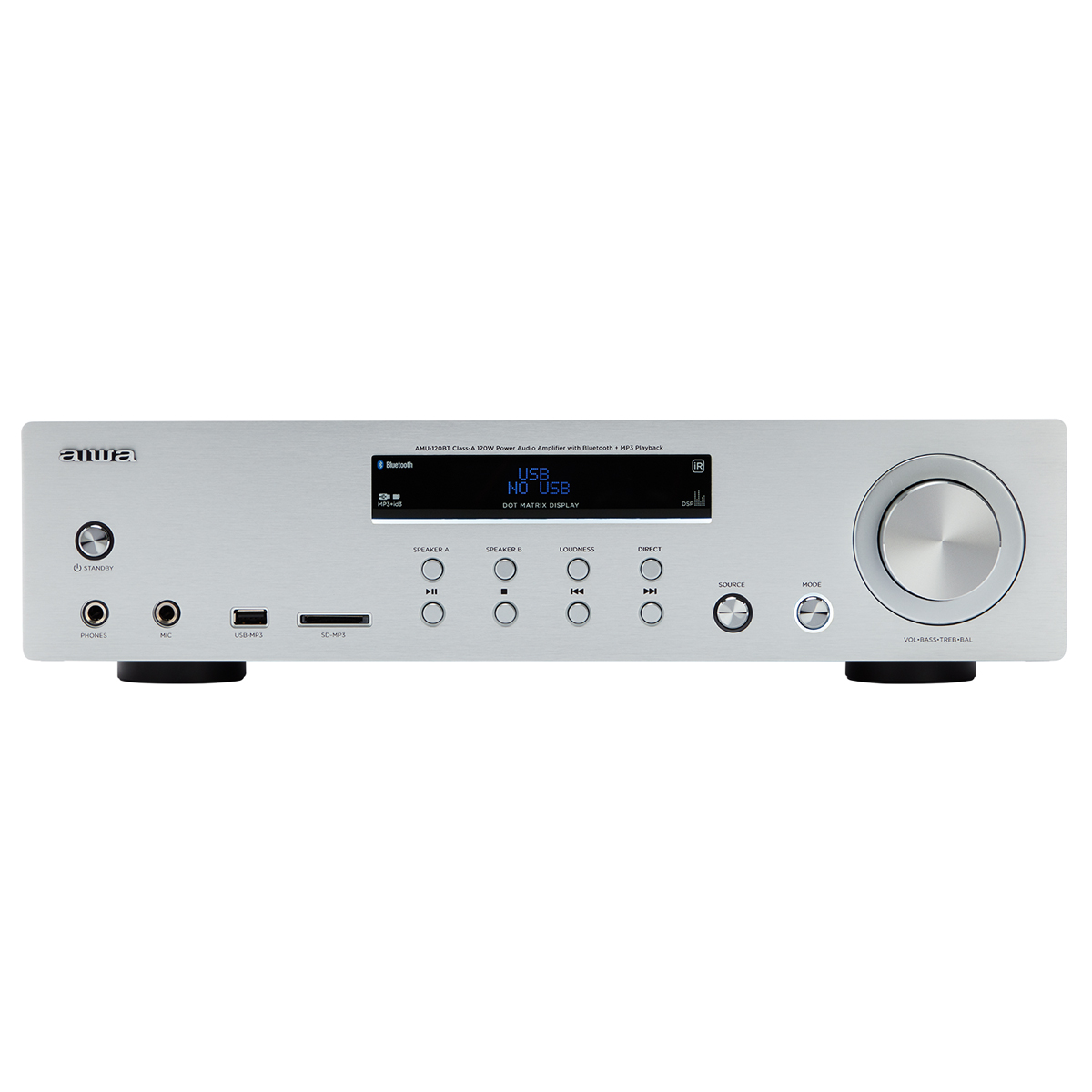 Silberner Stereo-Receiver mit Knöpfen und Display. Der Markenname 'aiwa' ist sichtbar.
