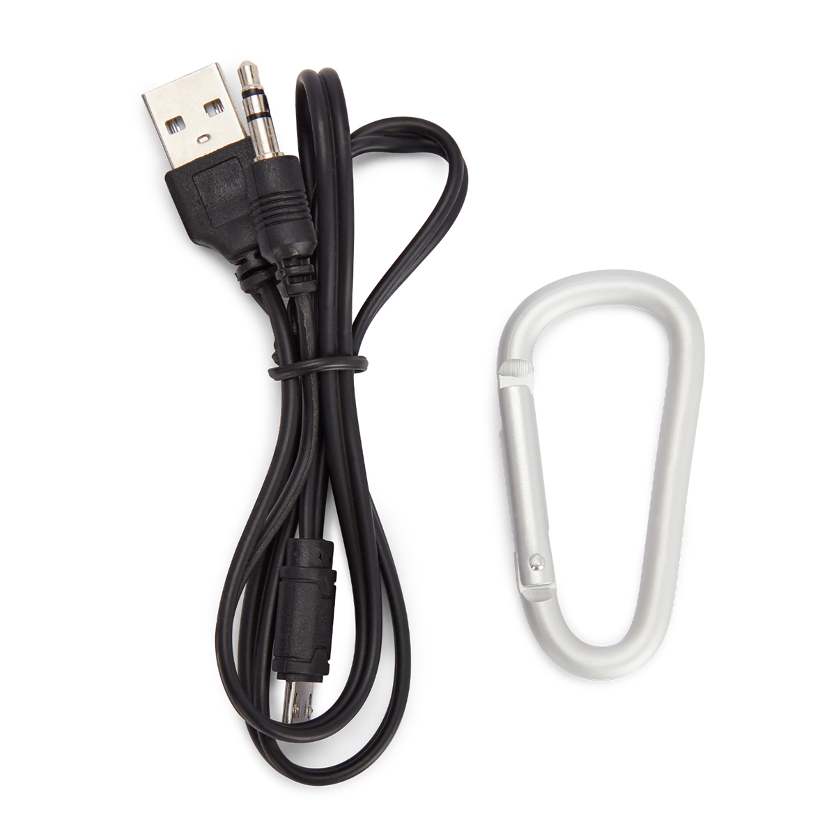 Siyah bir USB kablosu ve gümüş bir karabina klipsi. Kabloda USB ve ses dahil olmak üzere çoklu konektörler var.