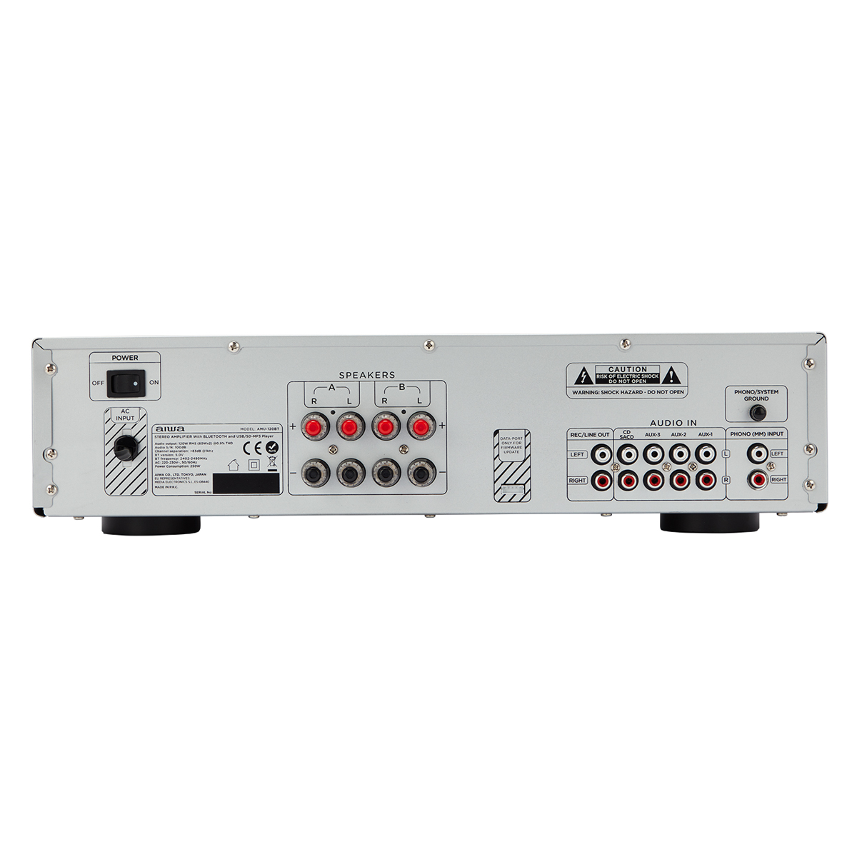 Rückseite eines Stereo-Receivers mit verschiedenen Ein- und Ausgängen. Schwarz und Silber.