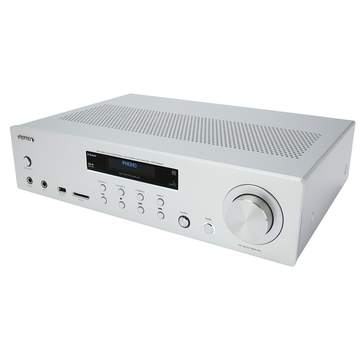 Ein silbernes AIWA Stereoanlage mit Display und Knöpfen. Ein großer Lautstärkeregler ist rechts.