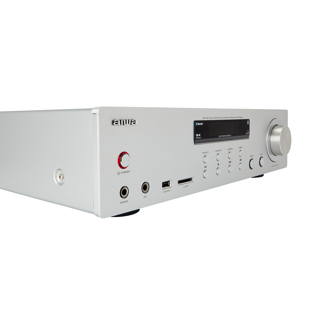 Silberner Receiver mit Knöpfen und Display. Weißer Hintergrund. Mit Lautstärkeregler.