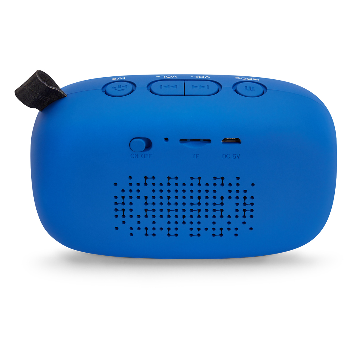 Düğmeleri olan mavi, yuvarlak Bluetooth hoparlör. Ses, mod ve güç düğmeleri bulunur.