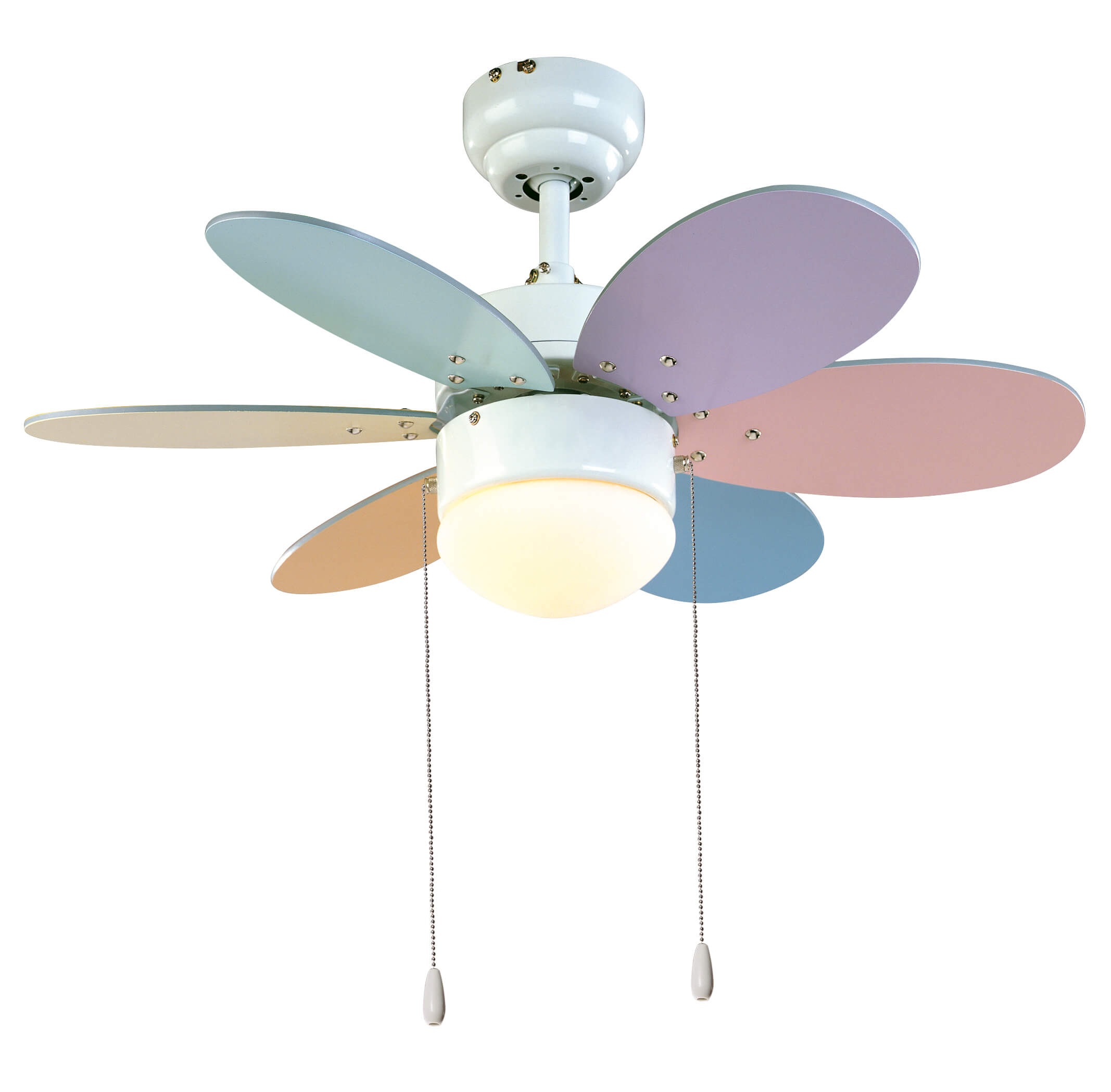 Weißer Deckenventilator mit pastellfarbenen Flügeln und zentraler Leuchte.
