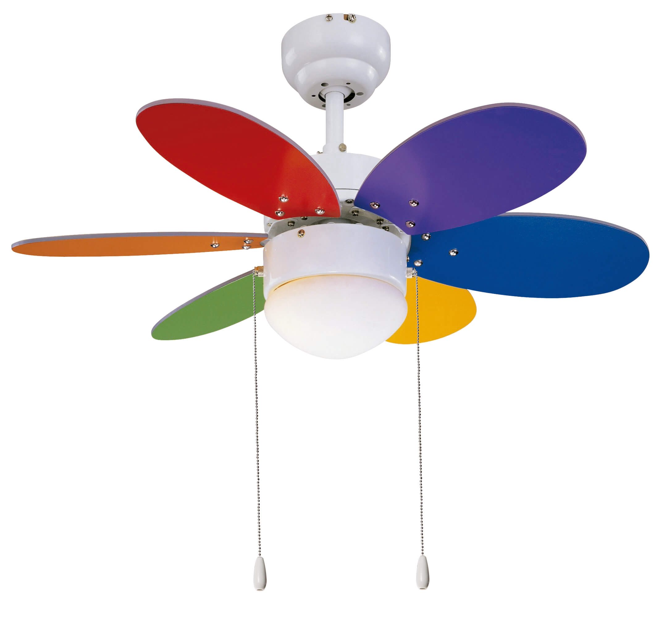 Ein Deckenventilator mit regenbogenfarbenen Flügeln und weißem Gehäuse, mit einem Licht in der Mitte.