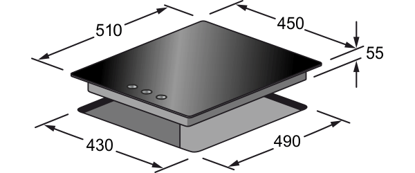 Placa de cocina negra y plateada con dimensiones etiquetadas. Fondo blanco.