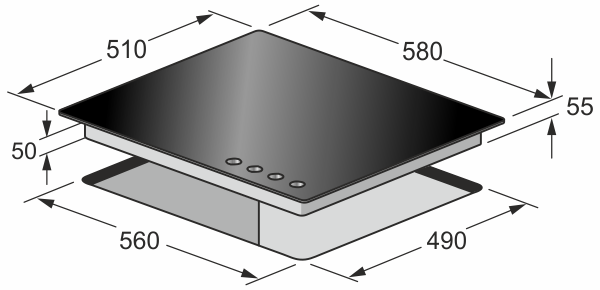 Diagramm eines schwarzen Glaskeramikkochfelds mit Abmessungen. Die Maße sind in Millimetern.
