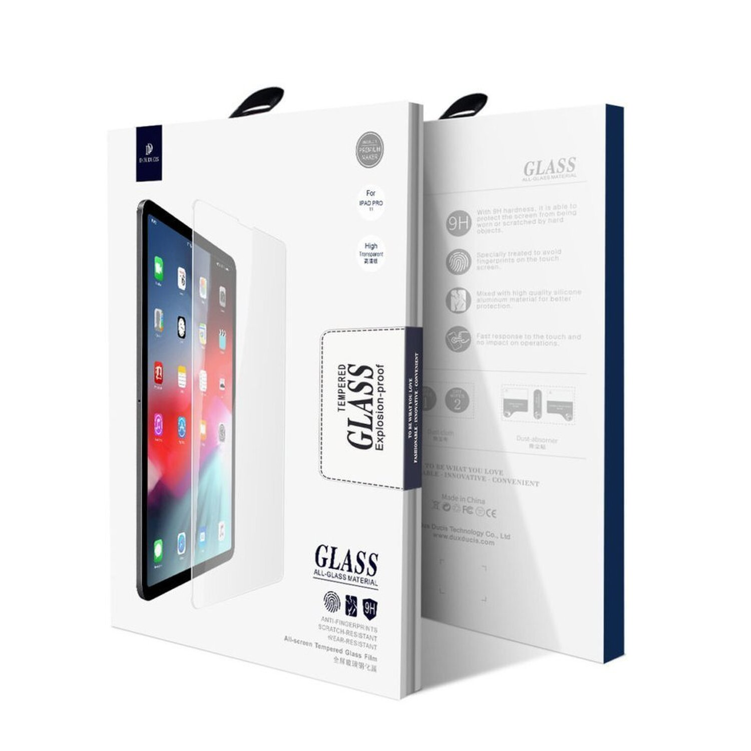 Eine Produktbox für einen iPad Pro Bildschirmschutz. Die Box ist weiß mit blauen Akzenten.
