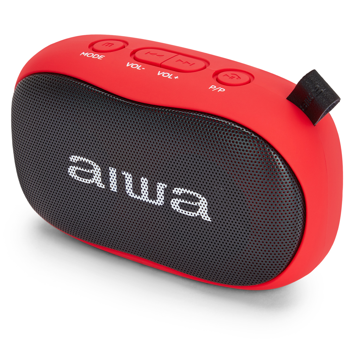 Düğmeleri olan kırmızı ve siyah Bluetooth hoparlör. Ses, mod ve güç düğmeleri bulunur. Marka 'aiwa'.