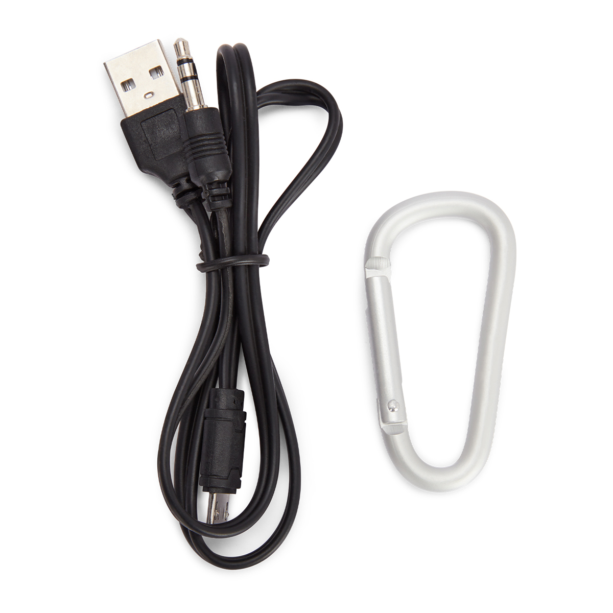 Konektörlü USB kablosu, 3,5 mm jak ve gümüş karabina.