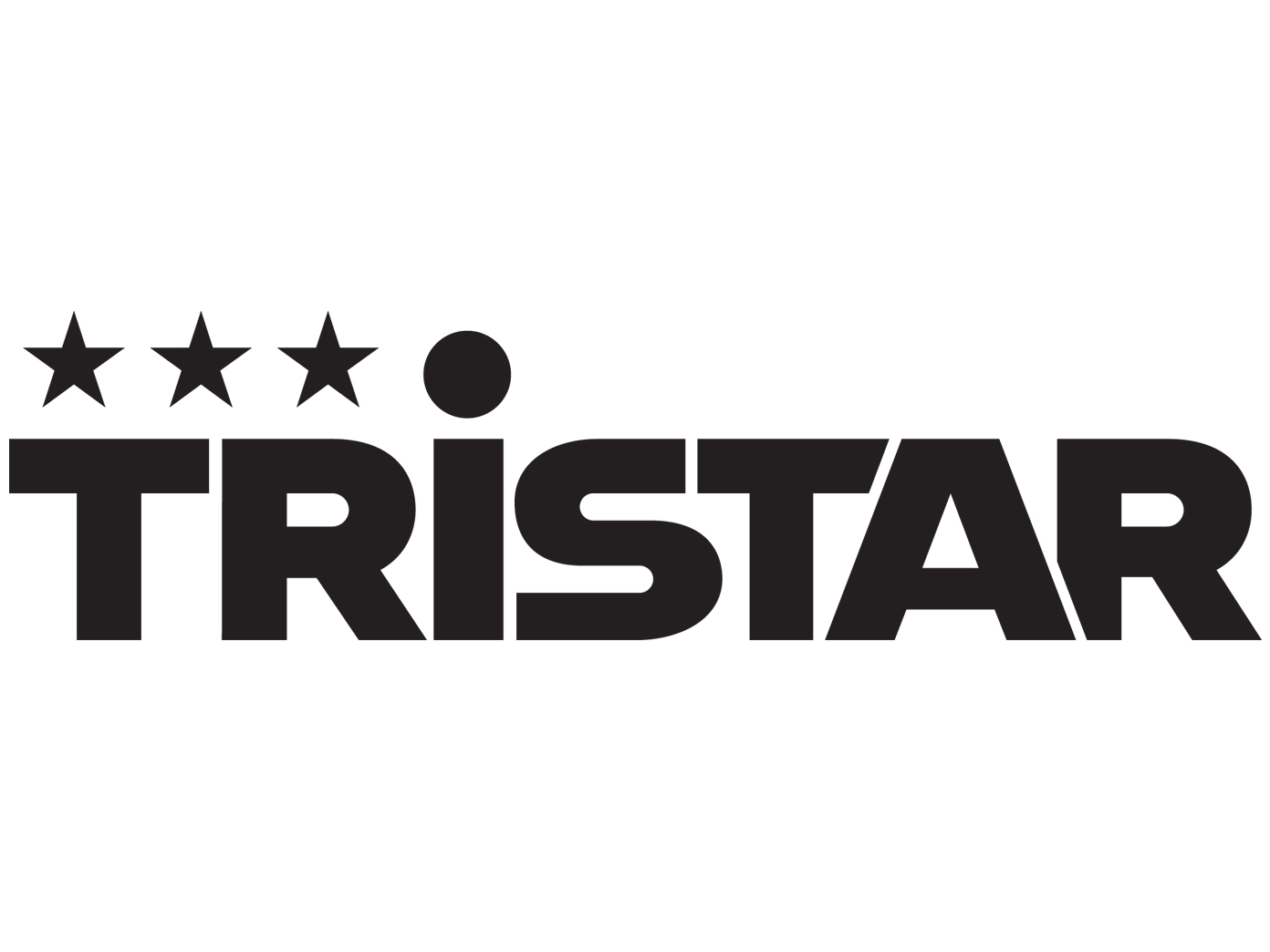 Tristar-Logo mit drei Sternen über dem Wort, in Schwarzweiß.
