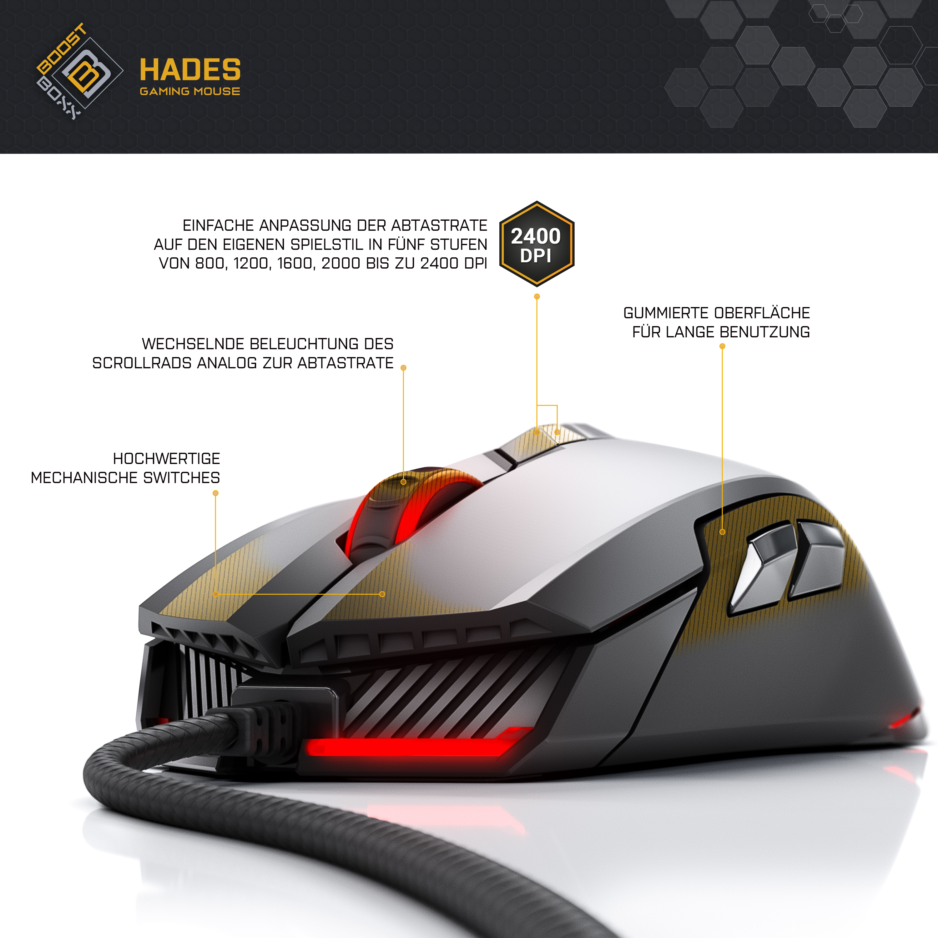 Gaming-Maus mit roten Akzenten. Schwarz-graues Design mit Tasten und rotem Scrollrad.