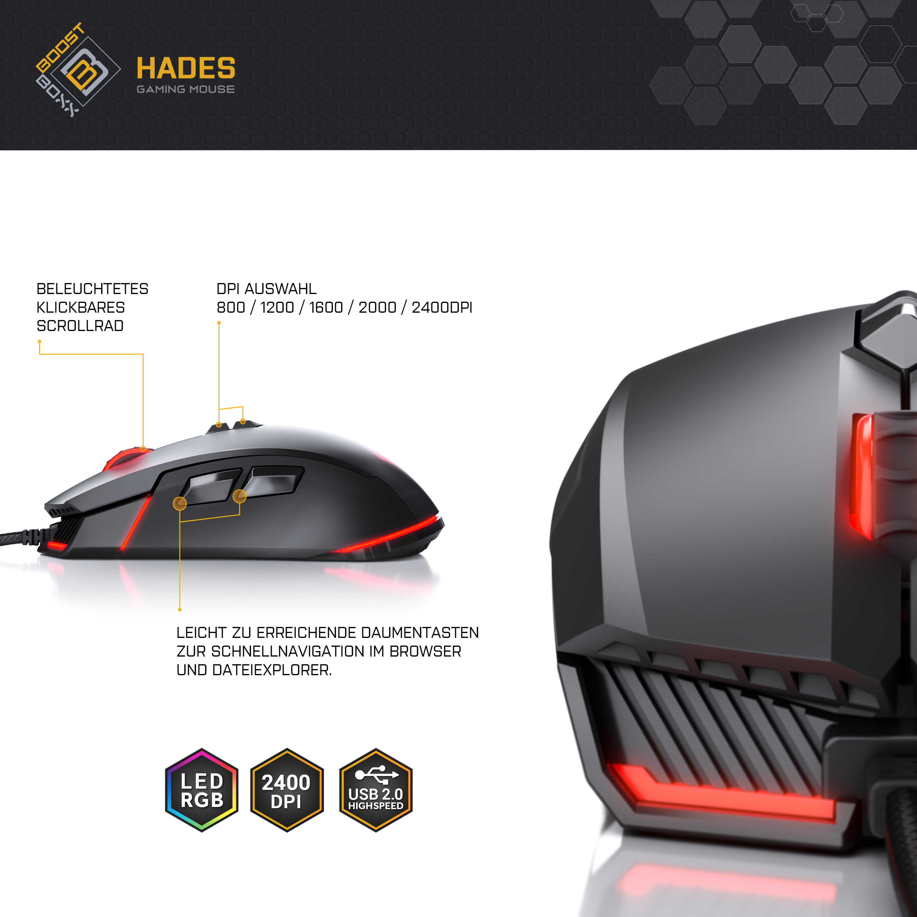 Eine schwarze Gaming-Maus mit roten Akzenten und LED-Beleuchtung. Sie hat ein Scrollrad und Tasten.