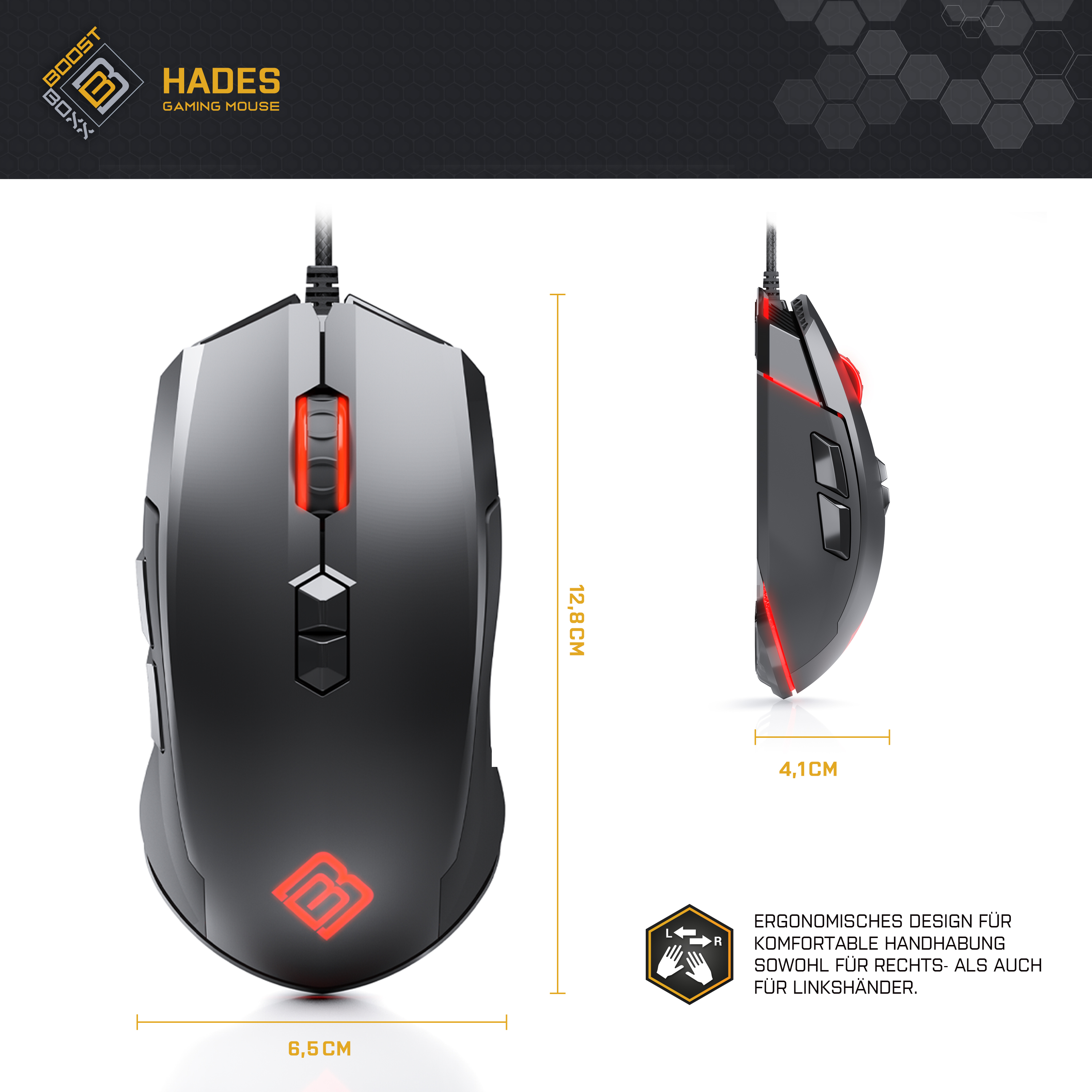 Eine schwarze Gaming-Maus mit roten Akzenten. Abmessungen sind angegeben. Weißer Hintergrund mit Text und Logo.