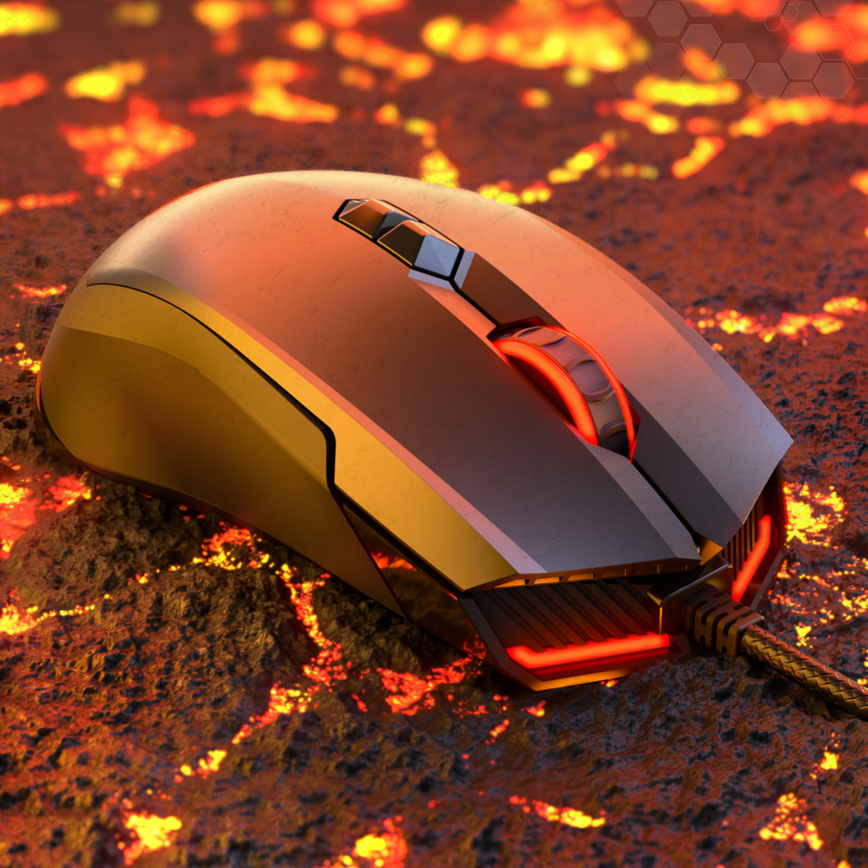 Eine Gaming-Maus in Metallic-Grau und Gold, beleuchtet mit roten Akzenten, auf einer strukturierten Oberfläche.