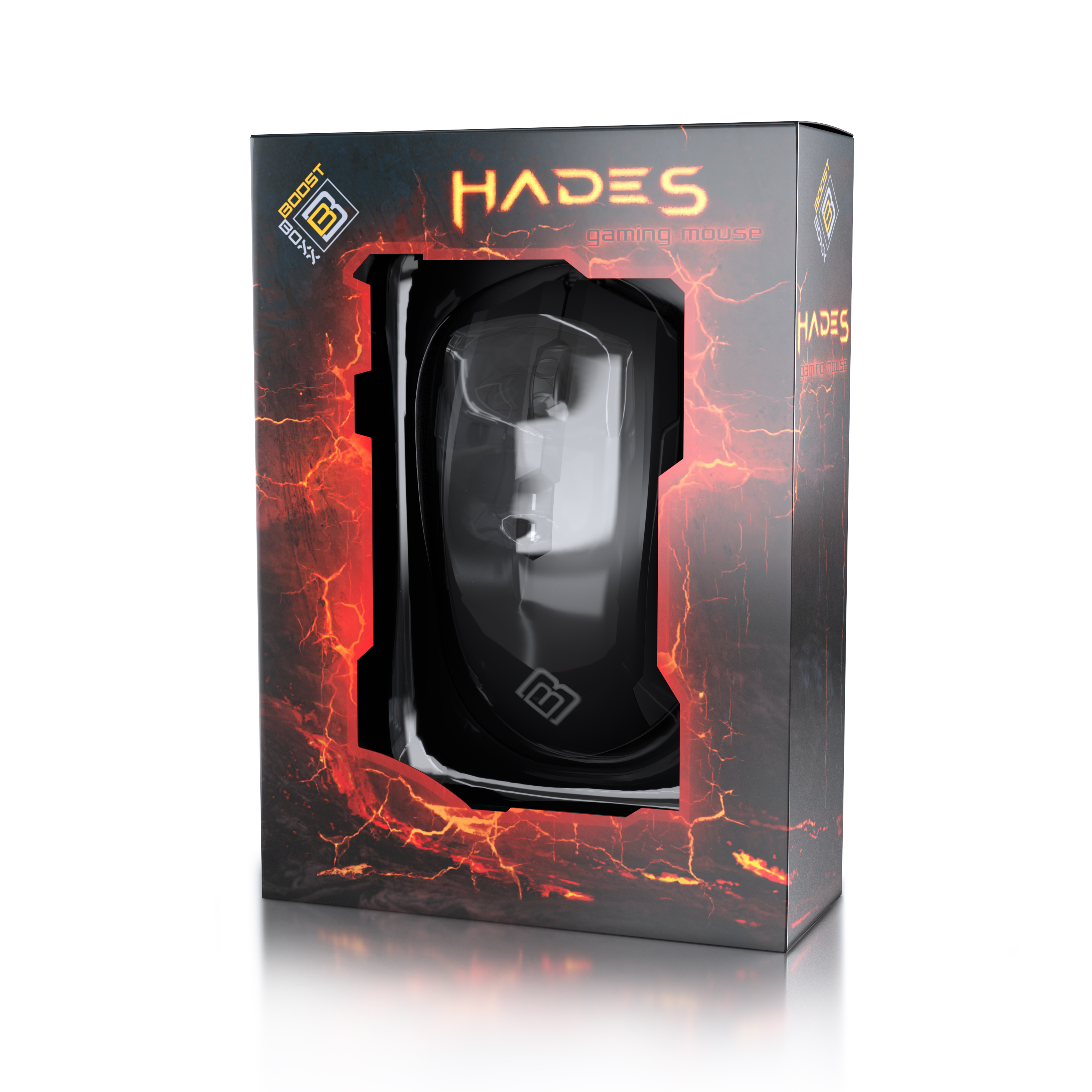 Eine schwarze Gaming-Maus in einer schwarzen Box mit dem Wort "HADES" und einem orangefarbenen, feurigen Hintergrund.