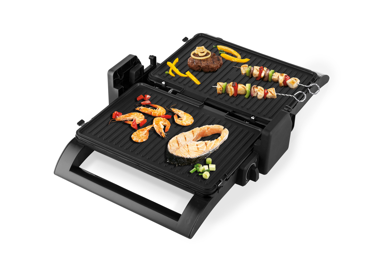 Ein schwarzer Elektrogrill mit verschiedenen Lebensmitteln darauf, darunter Fleisch, Garnelen und Gemüse.