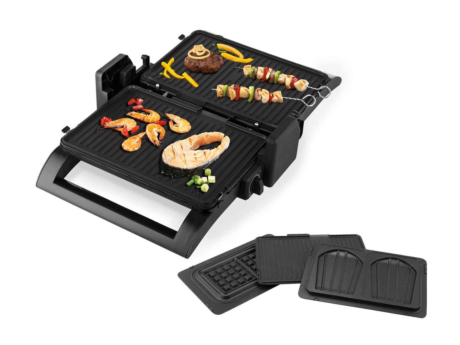 Ein schwarzer Grill mit verschiedenen Speisen, darunter Garnelen, Lachs, Steak und Gemüse.