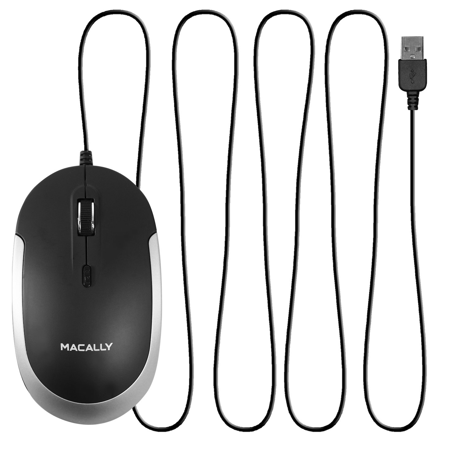 Un mouse per computer nero con finiture argentate e un cavo USB.