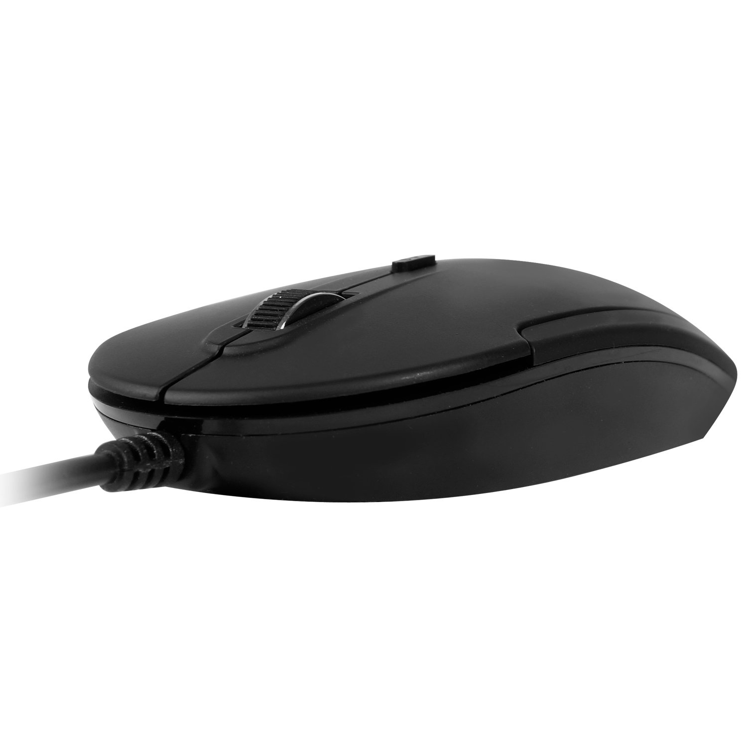 Eine schwarze Computermaus mit einem Scrollrad und einem Kabel auf weißem Hintergrund.