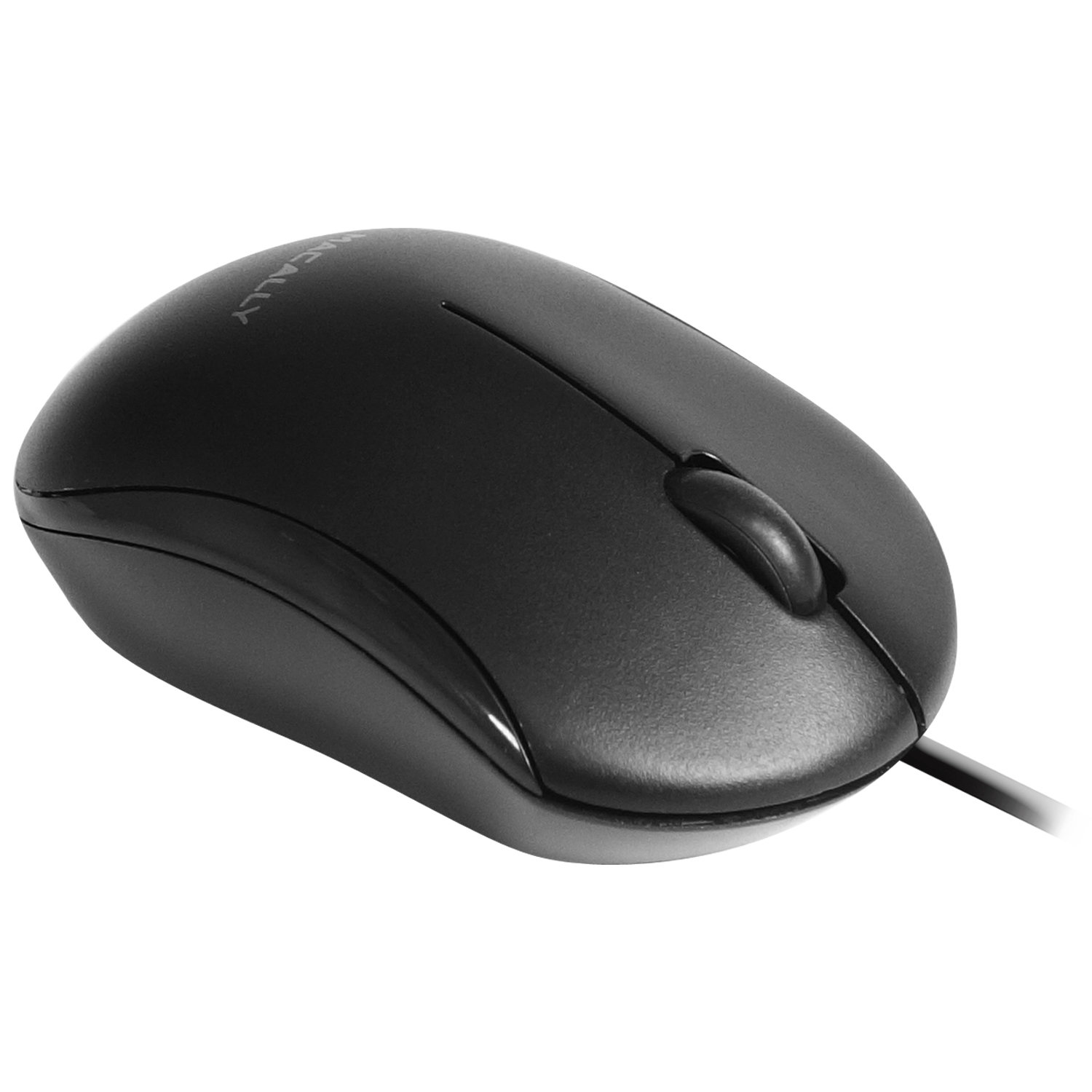 Schwarze Computermaus. Die Maus hat ein Scrollrad und ein Kabel.