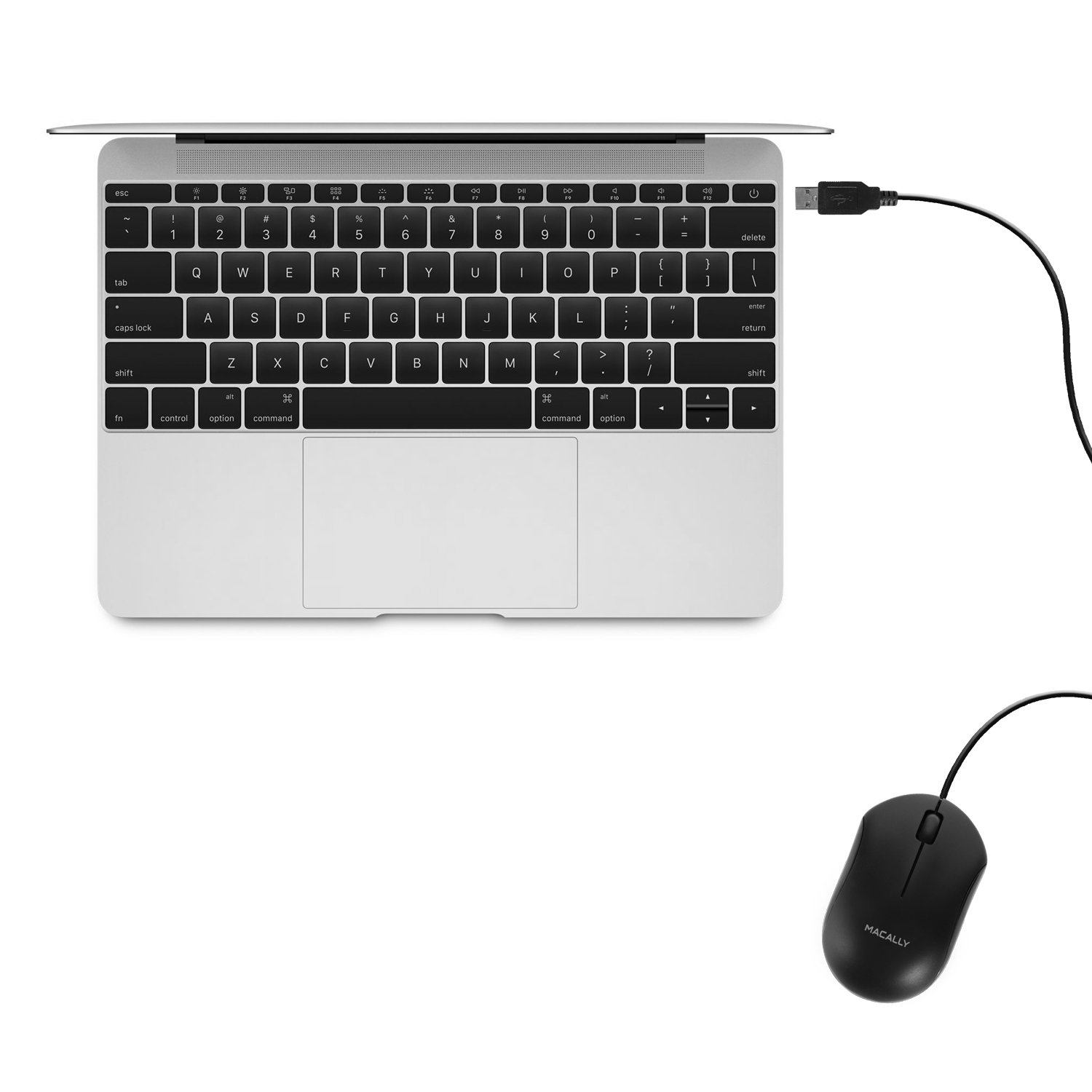 Laptop mit Tastatur und Maus, die über ein USB-Kabel verbunden sind, auf weißem Hintergrund.