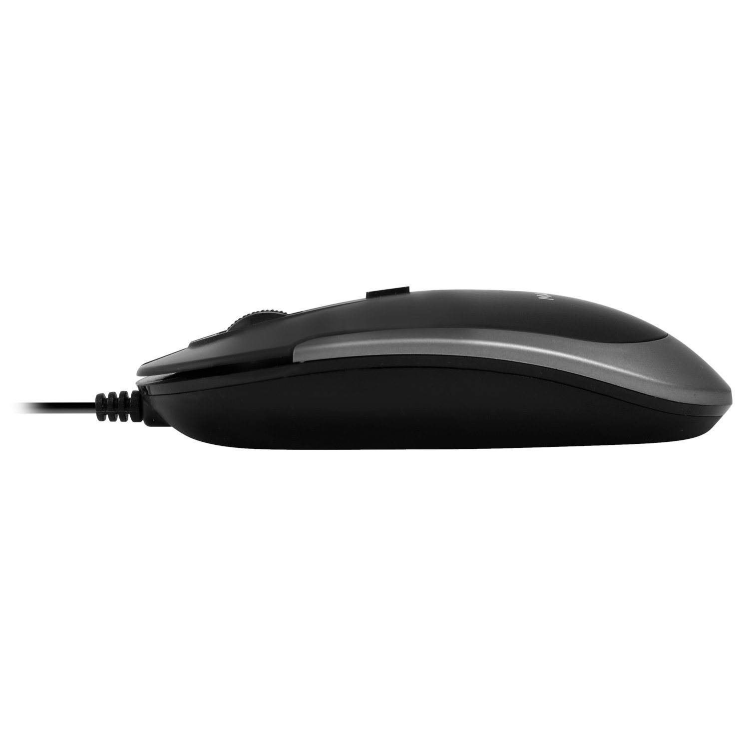 Un mouse per computer nero e grigio con un cavo visibile, visto di lato.