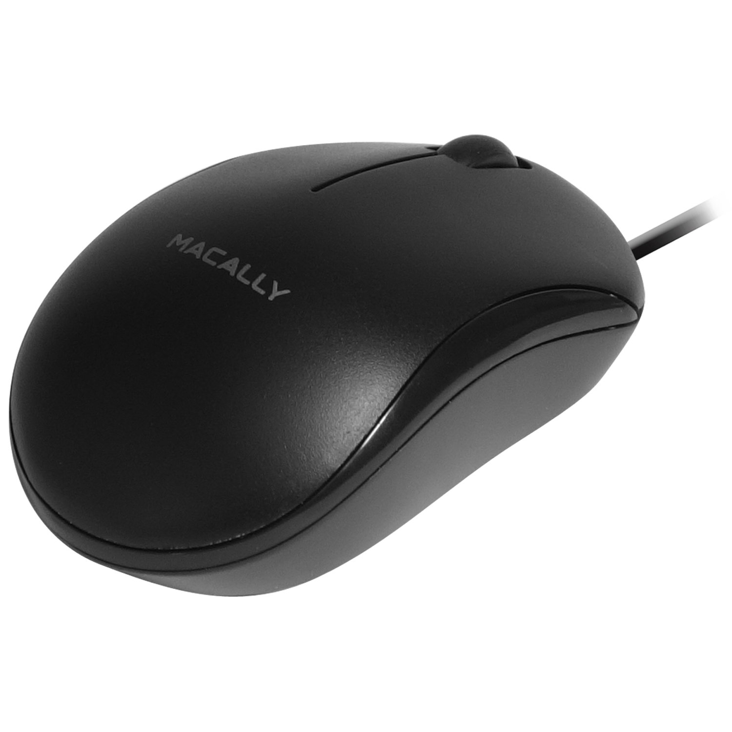 Schwarze Computermaus mit Scrollrad und MACALLY-Logo.