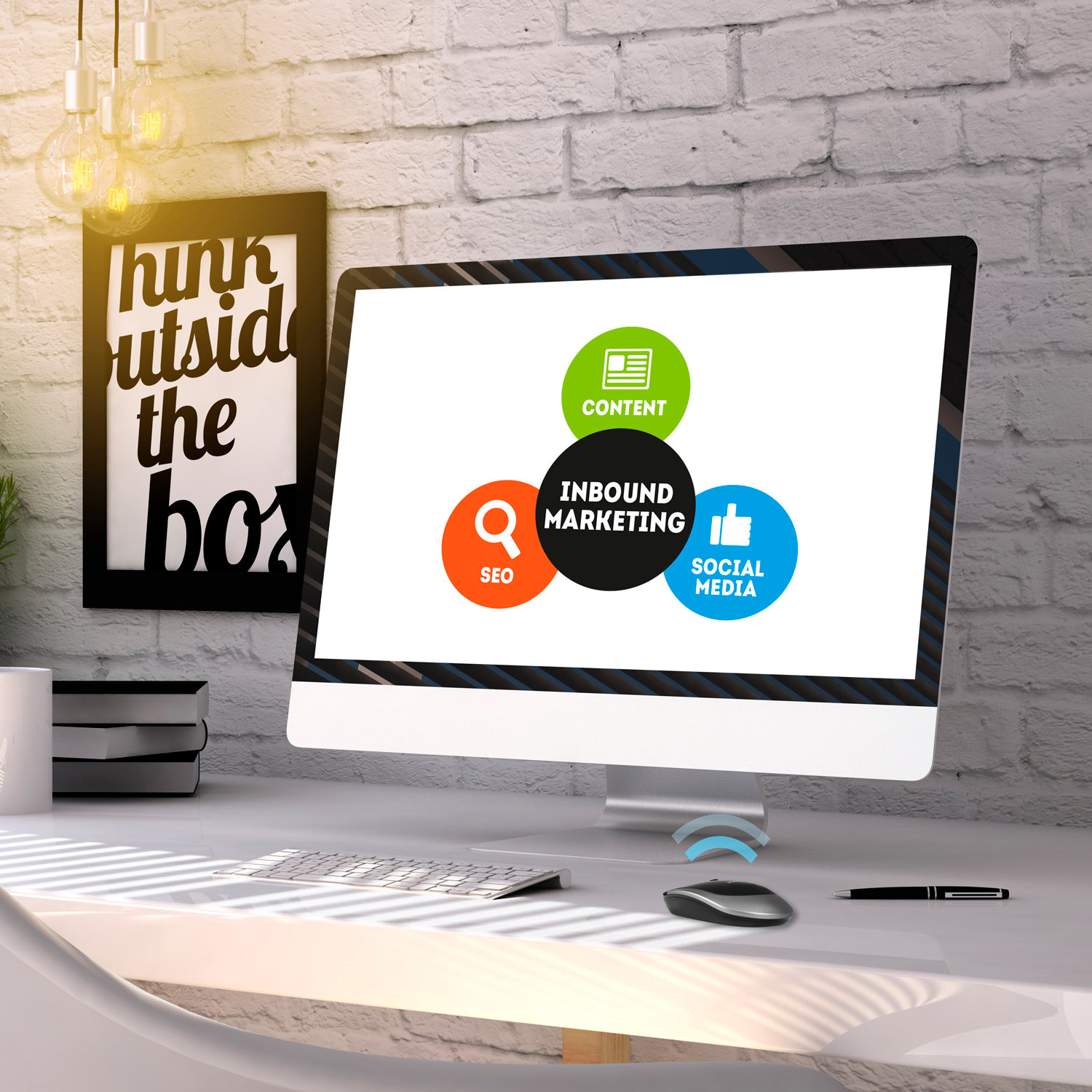 Computerbildschirm mit Inbound-Marketing-Diagramm: Content, SEO, Social Media.