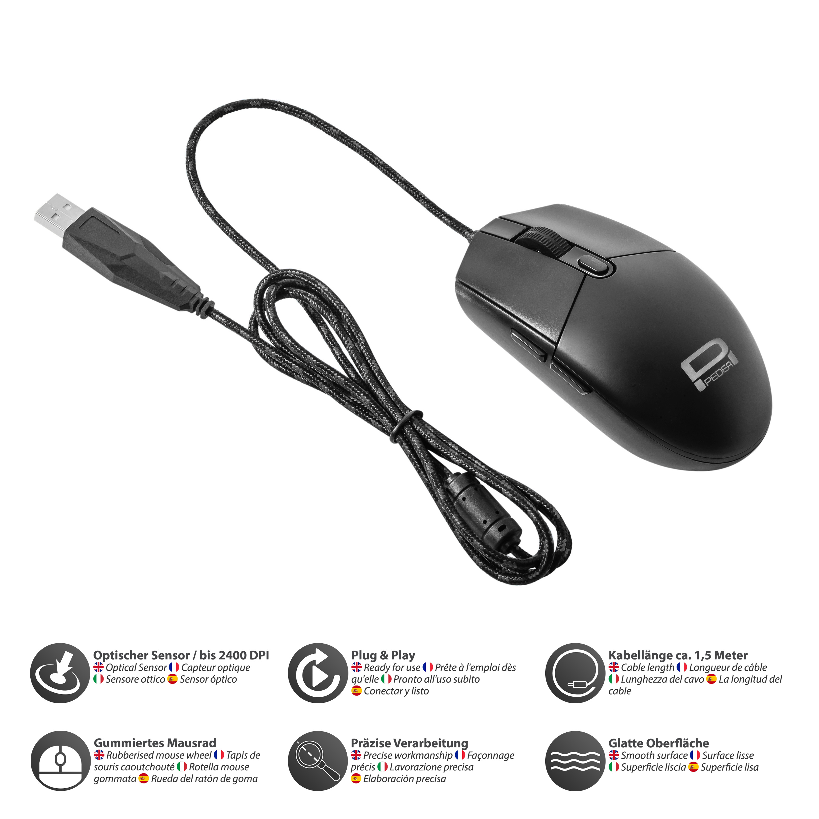 Eine schwarze Maus mit USB-Kabel und Text in mehreren Sprachen, der Funktionen beschreibt.