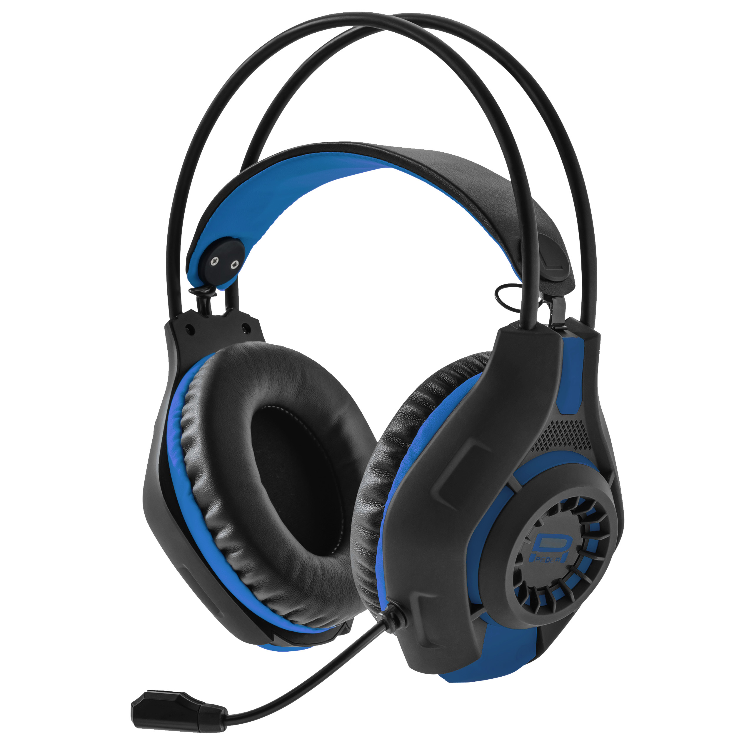 Schwarzes und blaues Gaming-Headset mit Mikrofon. Weißer Hintergrund.