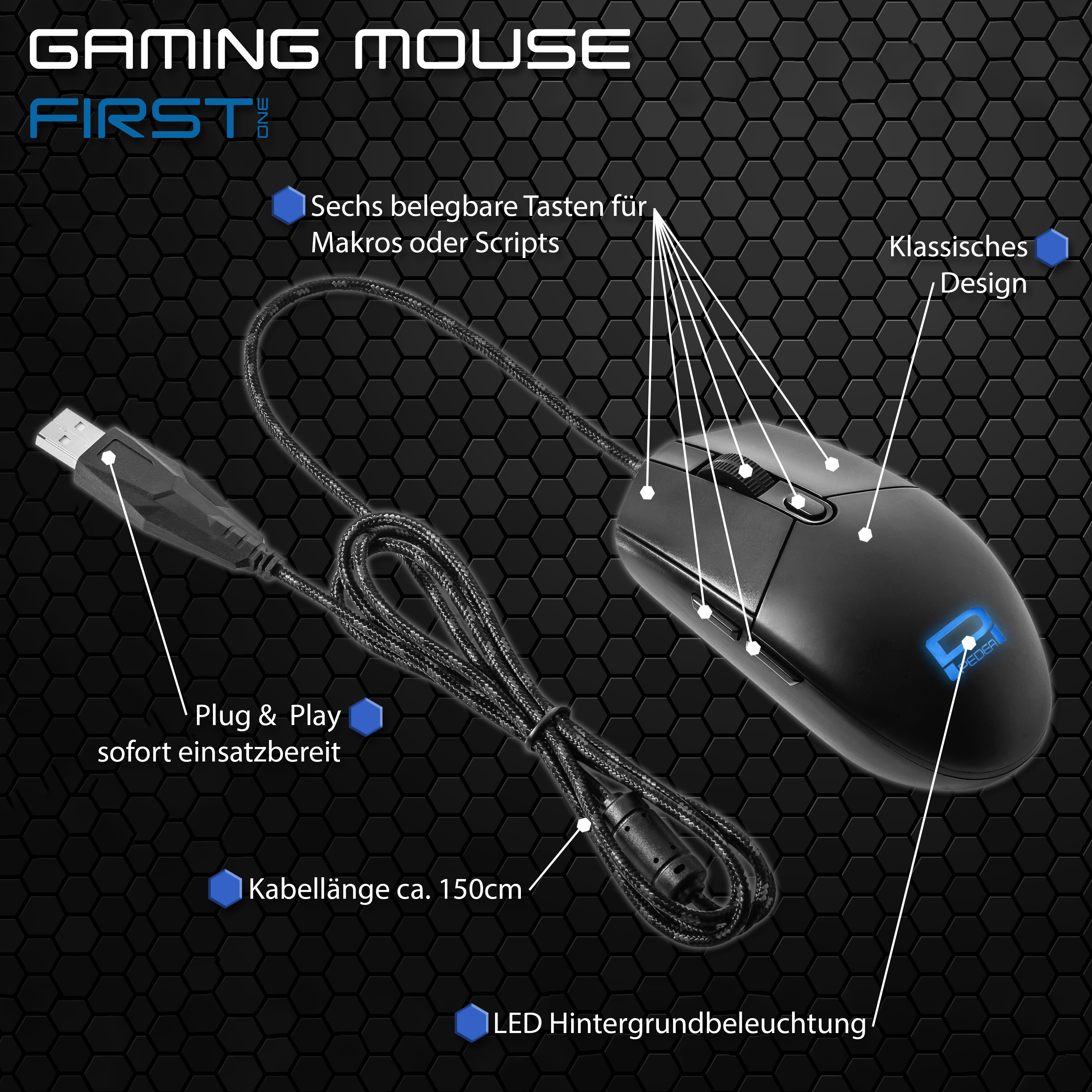 Eine schwarze Gaming-Maus mit Etiketten, die über ein Kabel mit einem USB-Stecker verbunden ist. Enthält deutschen Text.