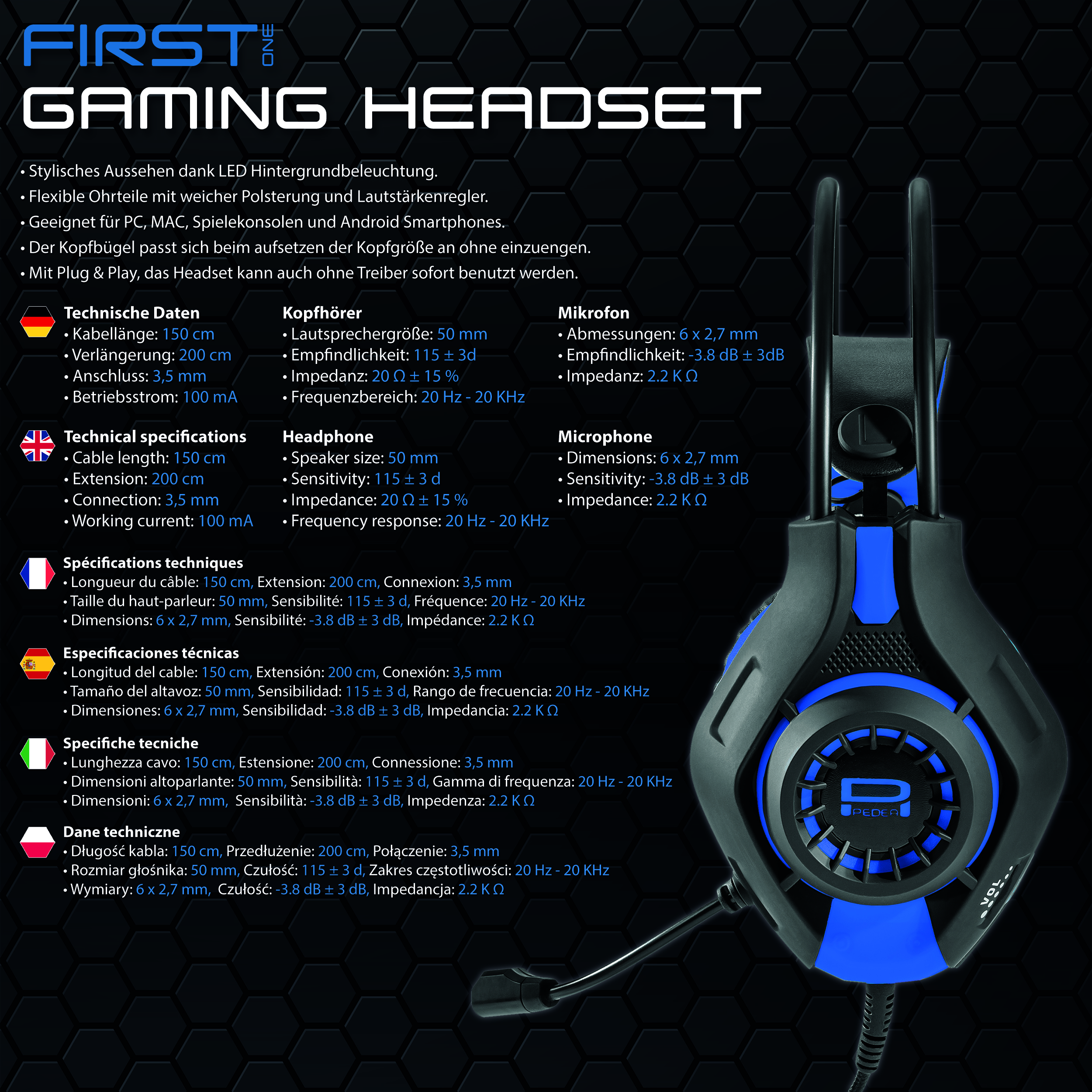 Schwarzes und blaues Gaming-Headset. Textdetails zu Headset-Spezifikationen. Schwarz-blaues Design. Weißer Hintergrund.
