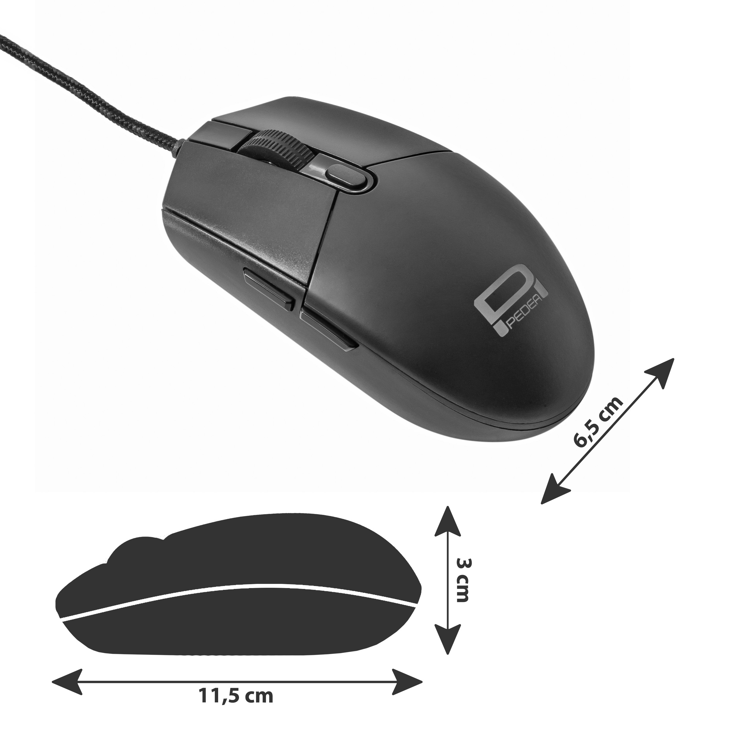 Schwarze Computermaus mit Maßangaben daneben.