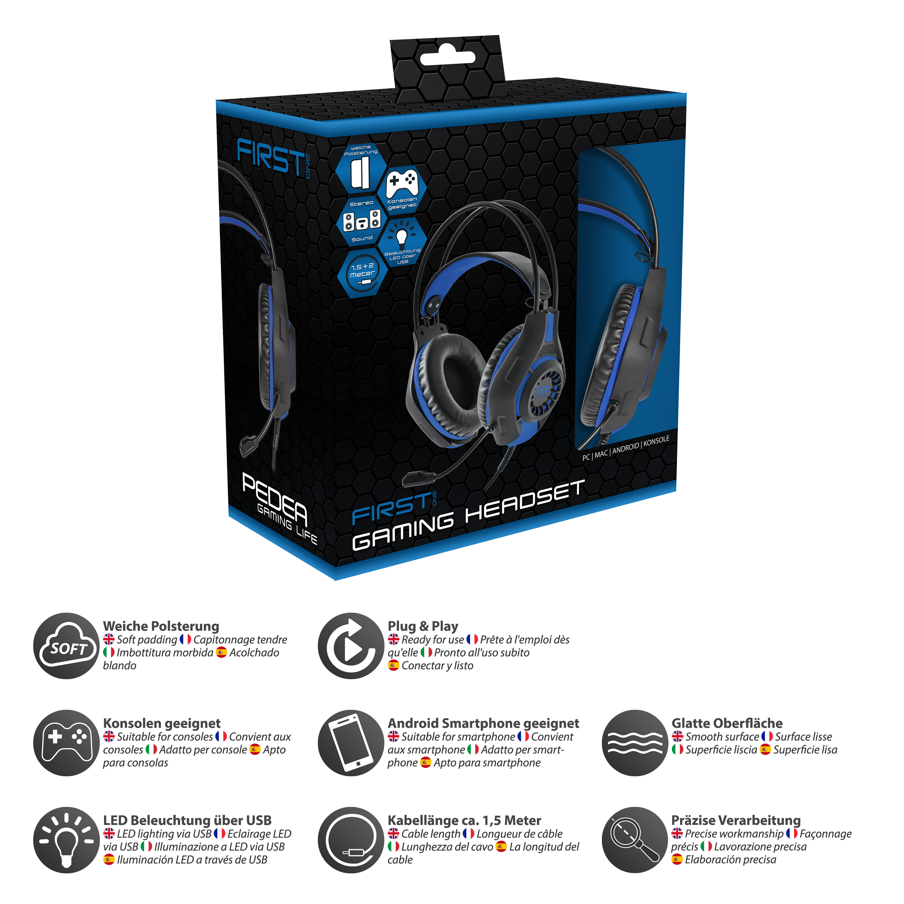Gaming-Headset und Box mit Funktionen: weiche Polsterung, Plug and Play und LED-Beleuchtung über USB.