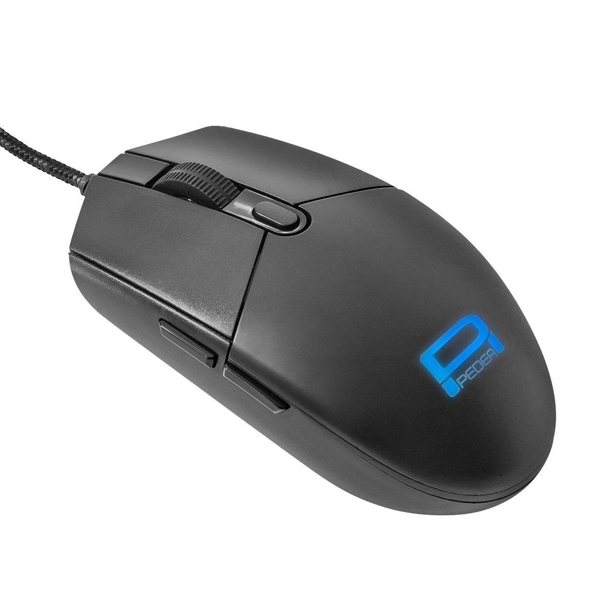 Schwarze Computermaus mit blauem beleuchtetem Logo, Seitentasten und Scrollrad.