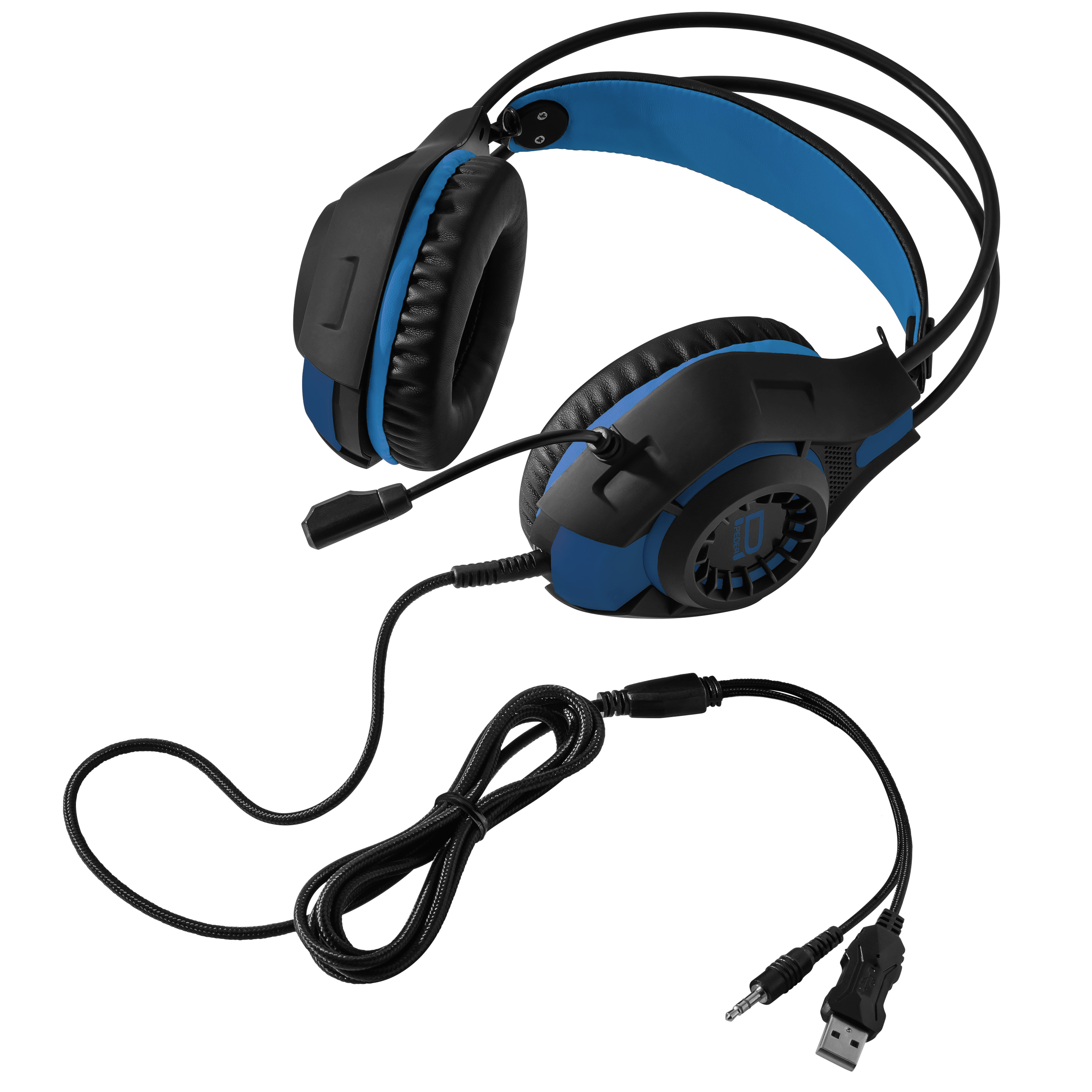 Gaming-Headset mit blauen Akzenten und schwarzen Ohrmuscheln, Mikrofon und USB/Audiokabel.