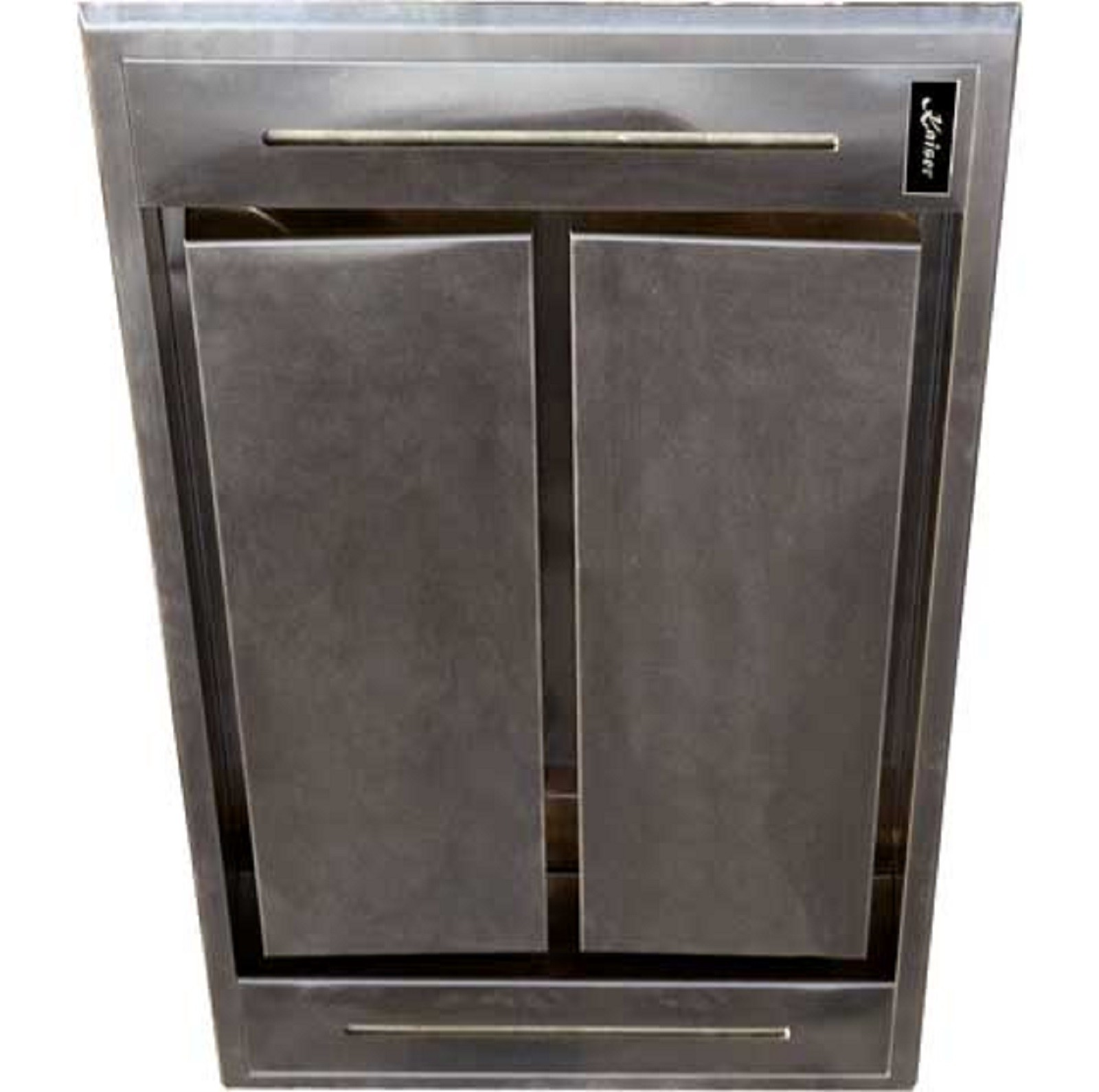 Edelstahlschrank mit zwei Türen. Der Schrank hat ein eingelassenes Design. Er ist an einer Wand befestigt.