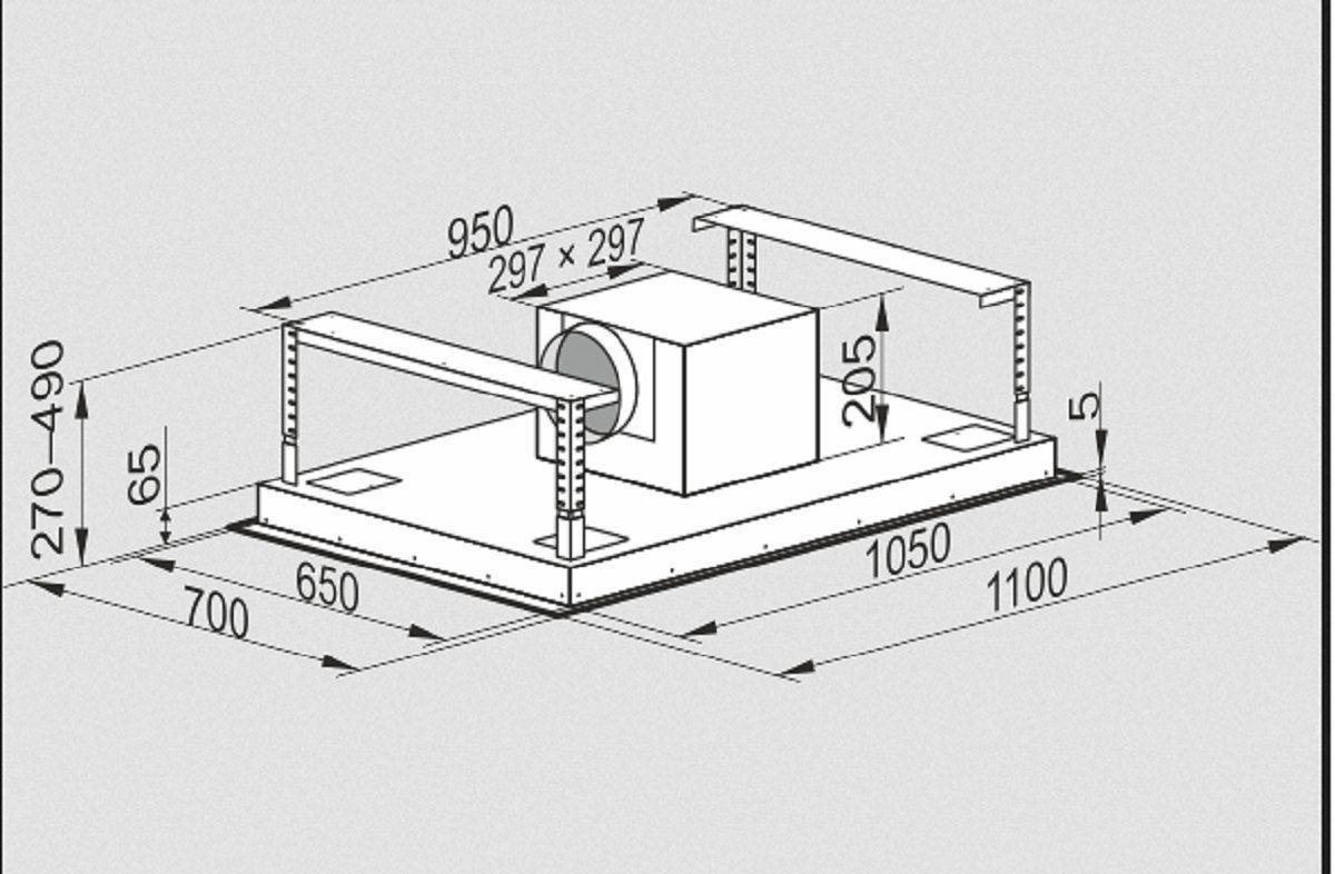 Diagramm eines rechteckigen Lüftungssystems mit Abmessungen.