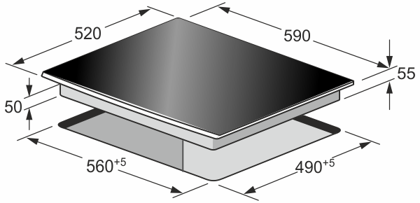Isometrische Ansicht eines Kochfelds mit Abmessungen in Millimetern.