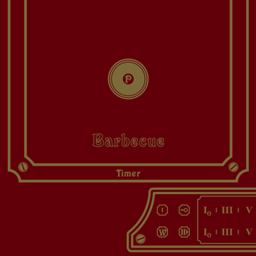 Un panel rojo con la inscripción 'Barbecue' en dorado, un temporizador y un panel de control.