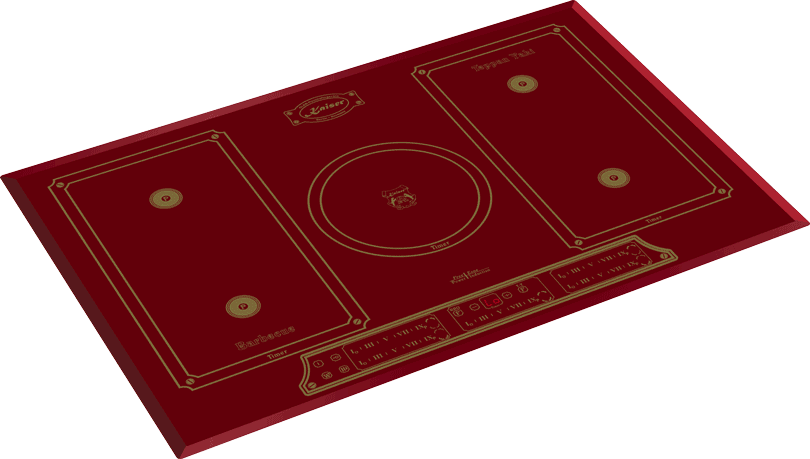 Placa de cocina roja con múltiples zonas de cocción y un temporizador. Detalles y texto dorados.