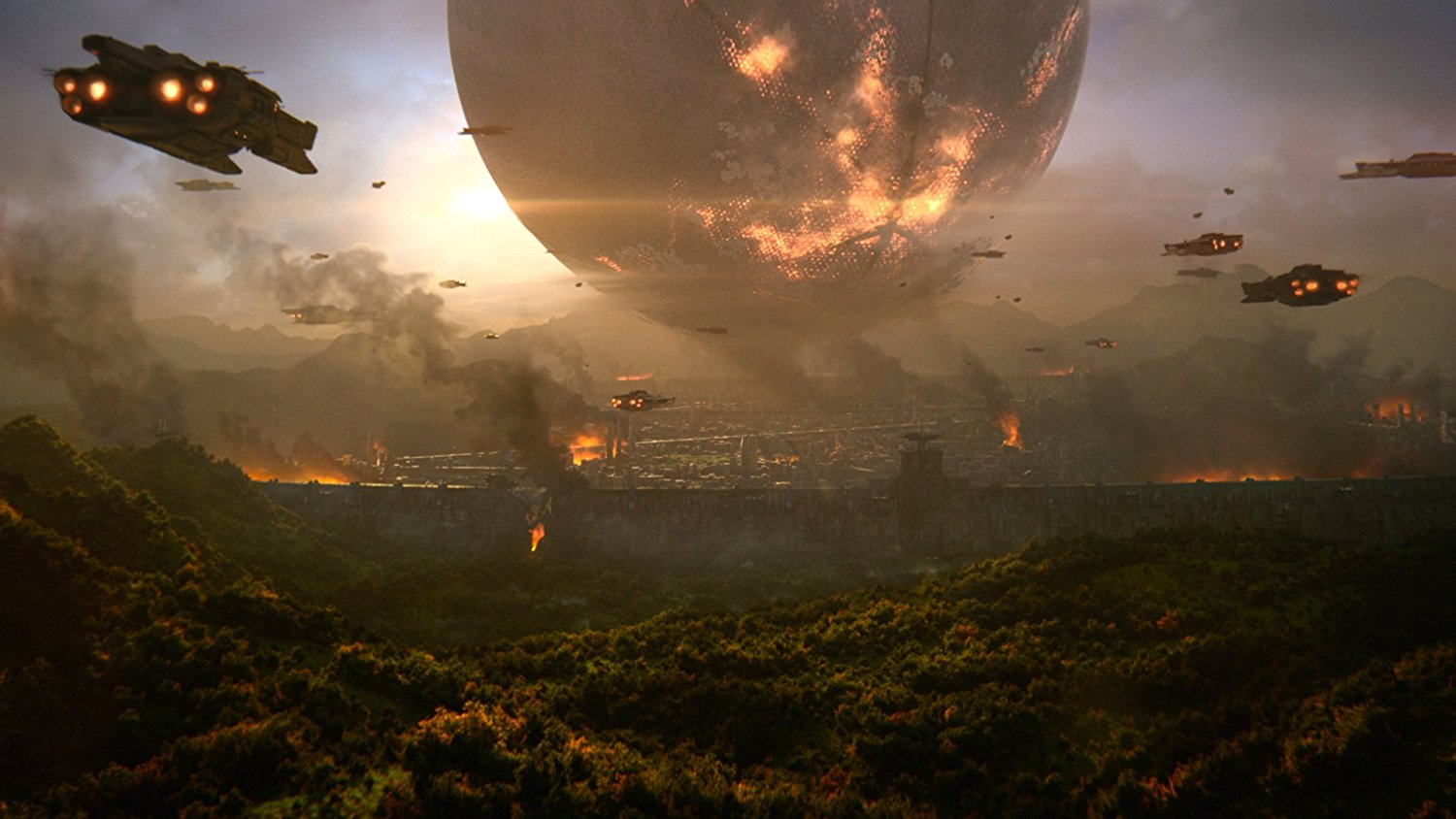 Eine Science-Fiction-Szene, die eine Stadt zeigt, die von fliegenden Raumschiffen angegriffen wird und einen großen Planeten am Himmel.